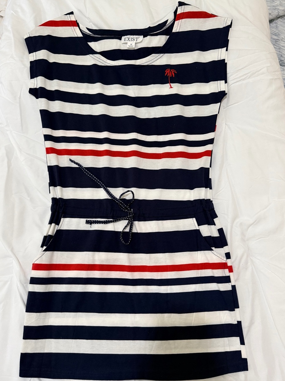 EXIST Nautical Striped Drawstring Dress with Palm Tree Embroidery Size M